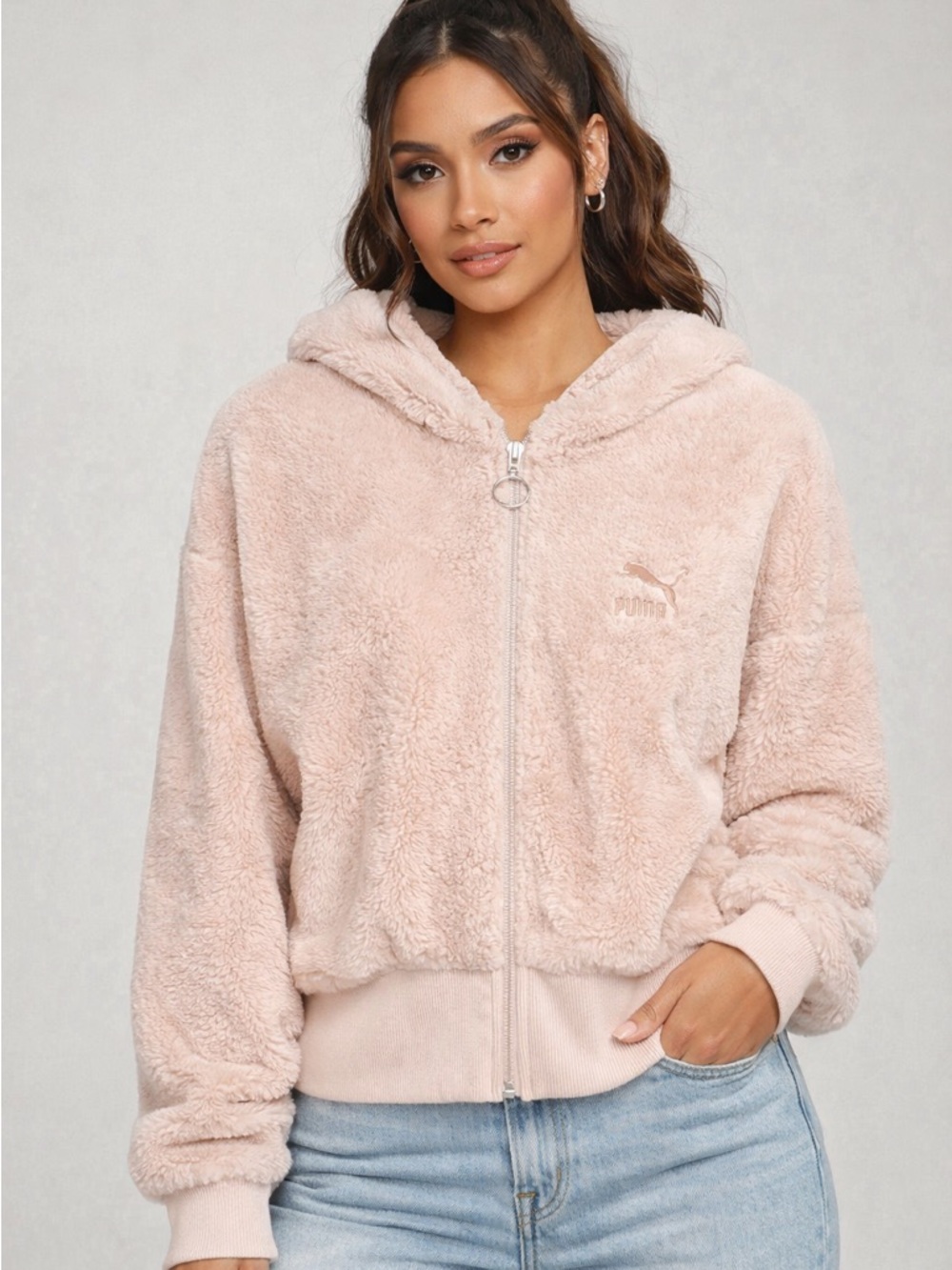 Puma Plush Hooded Crop Jacket - Light Blush Pink
